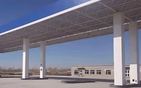 武威钢结构加油站罩棚_螺栓球网架_挑檐_形象柱！